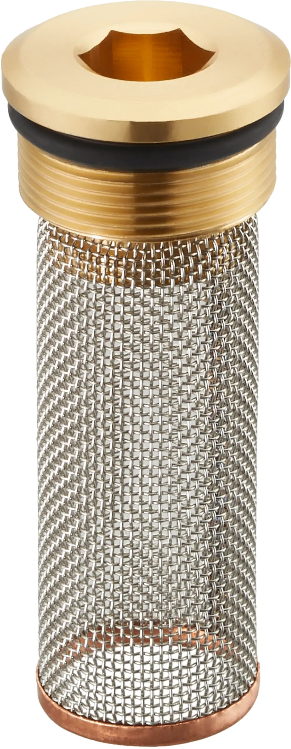 Filtereinsatz mit einem oberen goldfarbenen Teil und einem feinen Metallgitterkörper. Einsatz für Oventrop Produkte, erkennbar an der speziellen Form und den Materialien.
